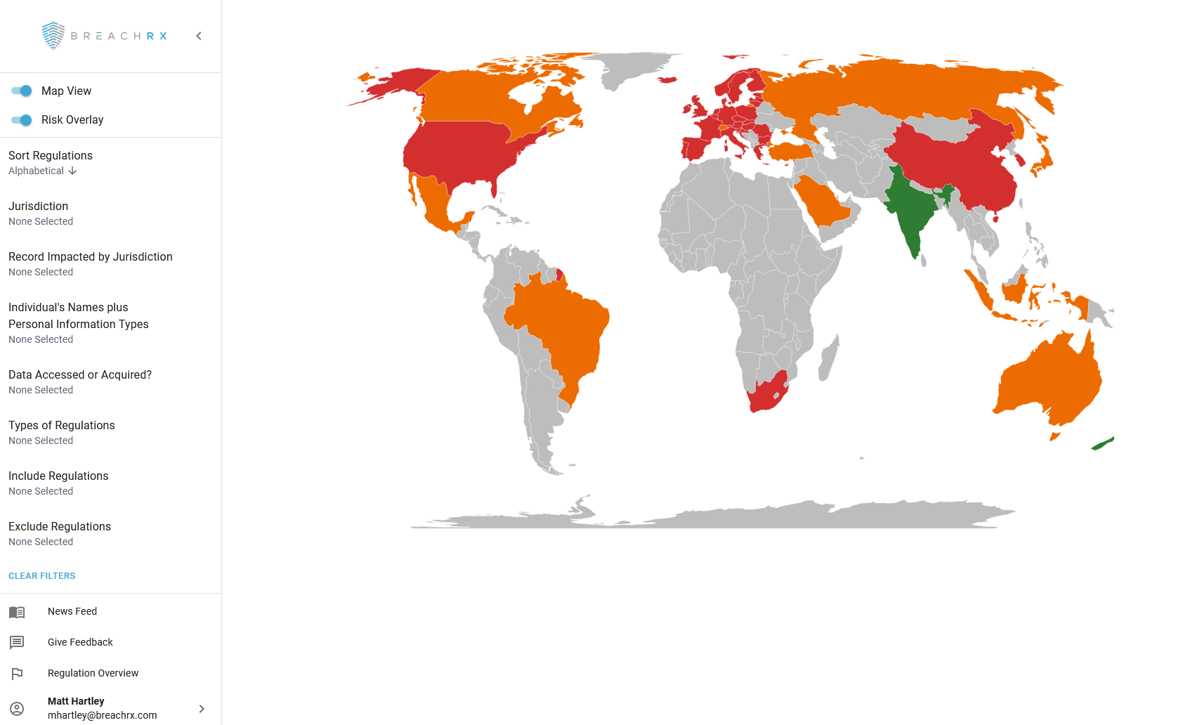 BreachRx Cyber RegScout global regulatory coverage map